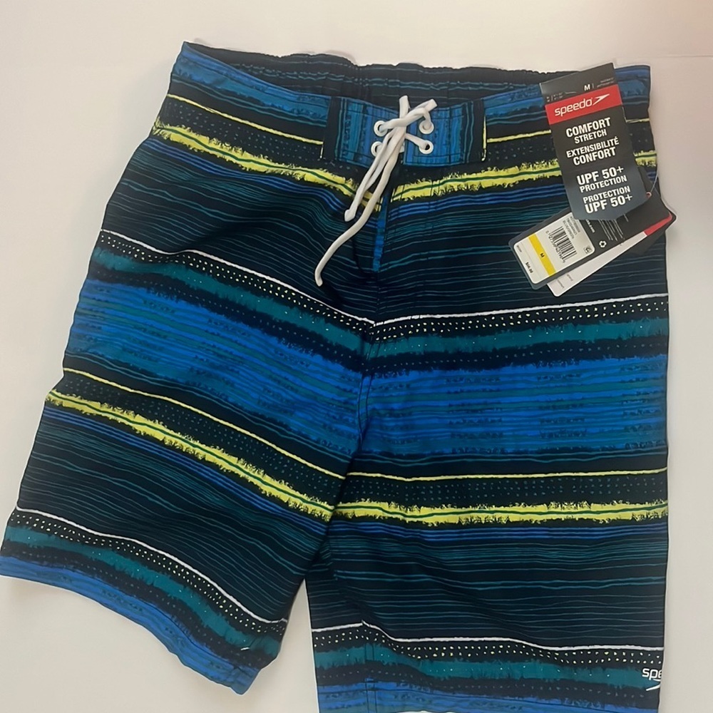 Speedo men’s blue drawstring lined striped swim trunks​​